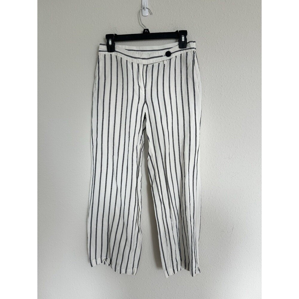 J Jill Women’s Leg Linen Blend Straight Striped White Size 4p Pockets Zip Beachy